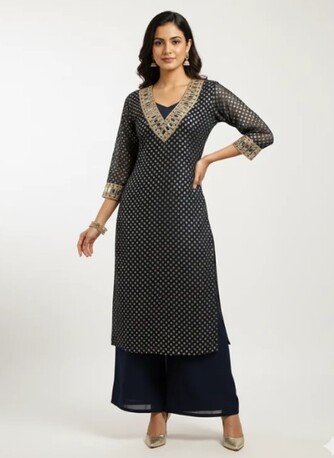 INR 1899,  Navy Blue Kurta Set With Palazzo – Shop Stylish Party Wear For Women At ₹1899
