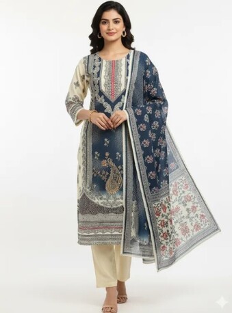 INR 1899,  Cream & Navy Printed Cotton Suit Set – Buy Stylish Everyday Ethnic Wear At ₹1899 photo 1