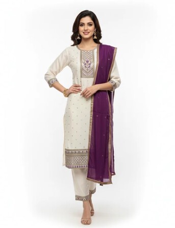 INR 1499,  White Embroidered Kurta Set With Contrast Purple Dupatta – Shop Graceful Women’s Ethnic photo 1