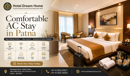 INR 1000/day,  1 BR,  Comfortable AC Hotel Stay In Patna — Bailey Road, Near Railway Station & Airport