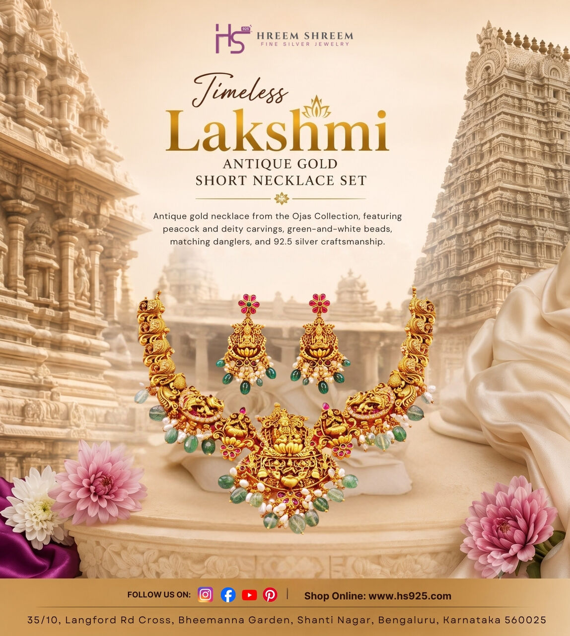 INR 58,  HS925 Timeless Lakshmi Temple Jewellery Necklace Set | Gold Plated 925 Silver