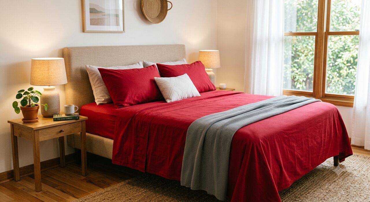 INR 1499,  Buy Red Handloom Cotton Bedsheet photo 1