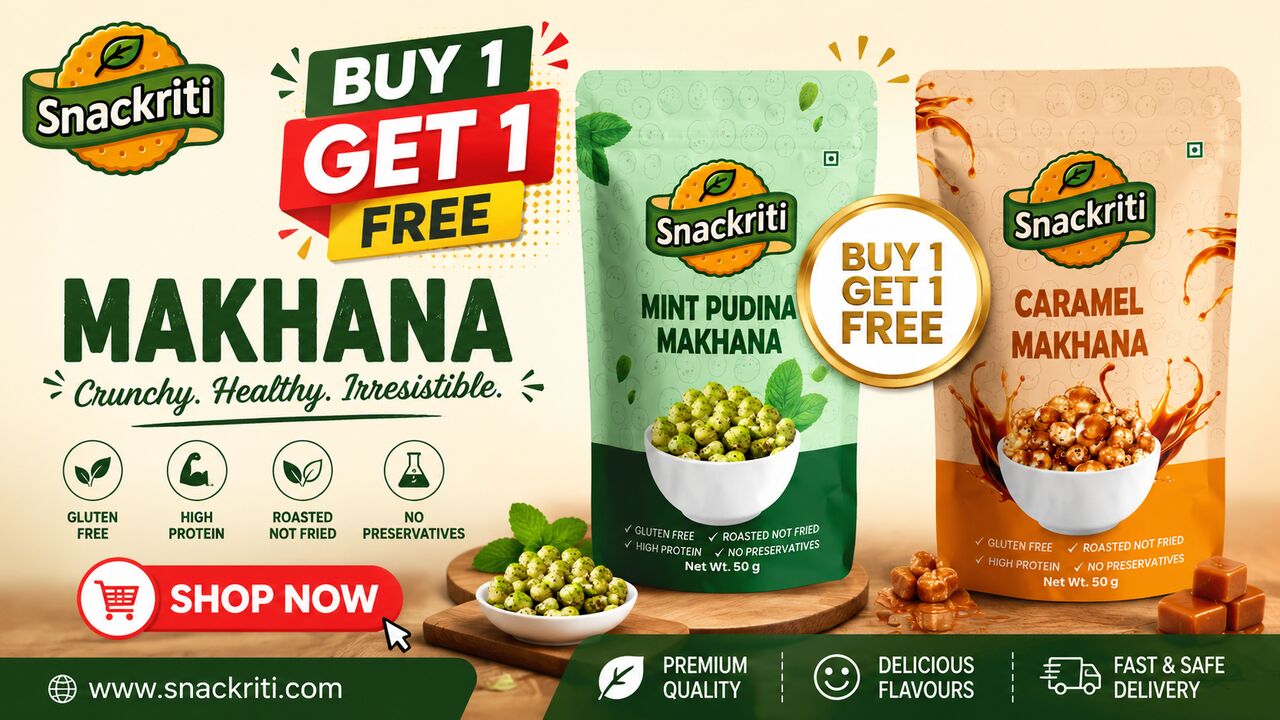 INR 299,  Buy 1 Get 1 FREE On Snackriti Makhana | Shop Now