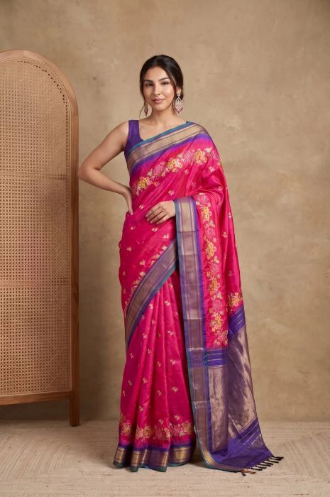 Traditional Pink Colour Border Saree | Mavuris photo 1