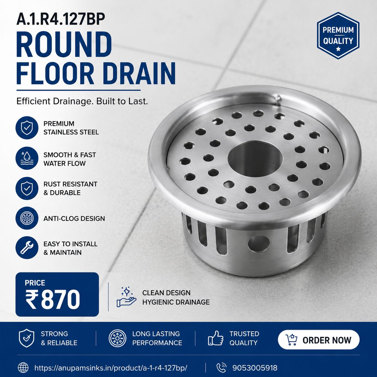 INR 280,  Premium Round Shape Floor Drain For Modern Bathrooms