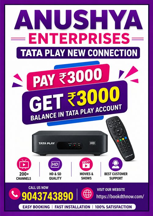 INR 3600,  Tata Play New Connection In Manjakuppam | Cuddalore | 9043743890