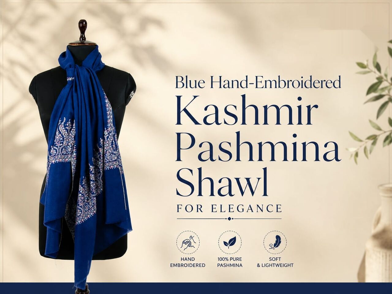 INR 28,  Blue Hand-Embroidered Kashmir Pashmina Shawl photo 1