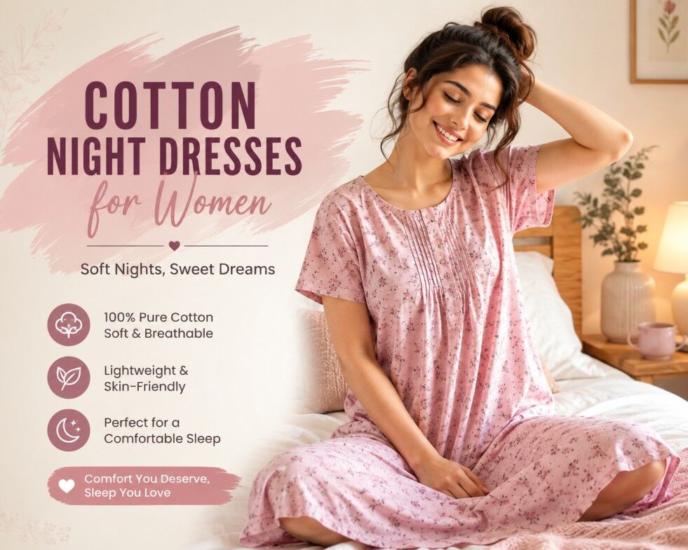 INR 770,  Short Cotton Night Dresses For Women | Knee Length Sleep Dress photo 1