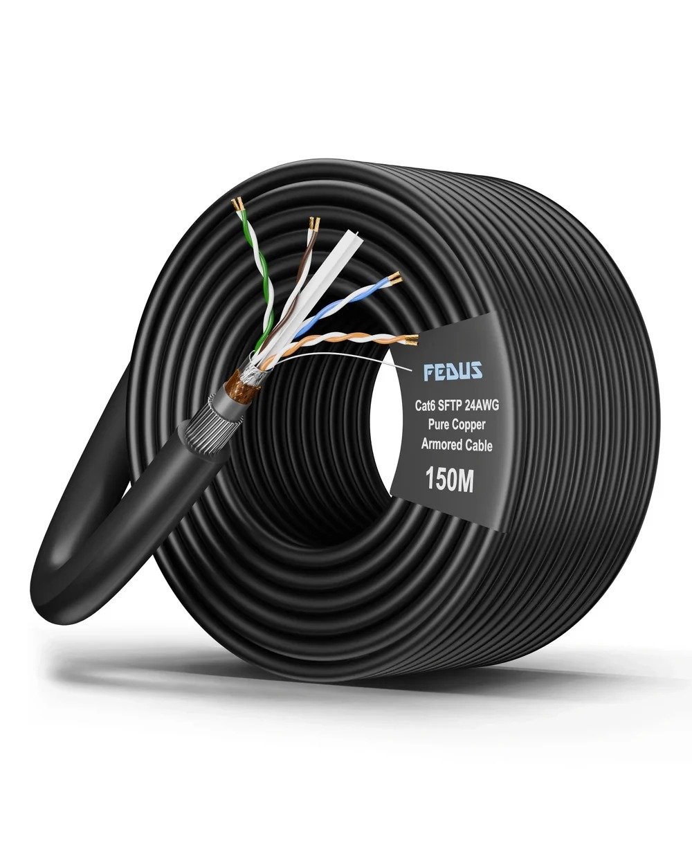 FEDUS Cat6 SFTP 24AWG Pure Copper Twisted Pair Armored Cable Roll 150M photo 1