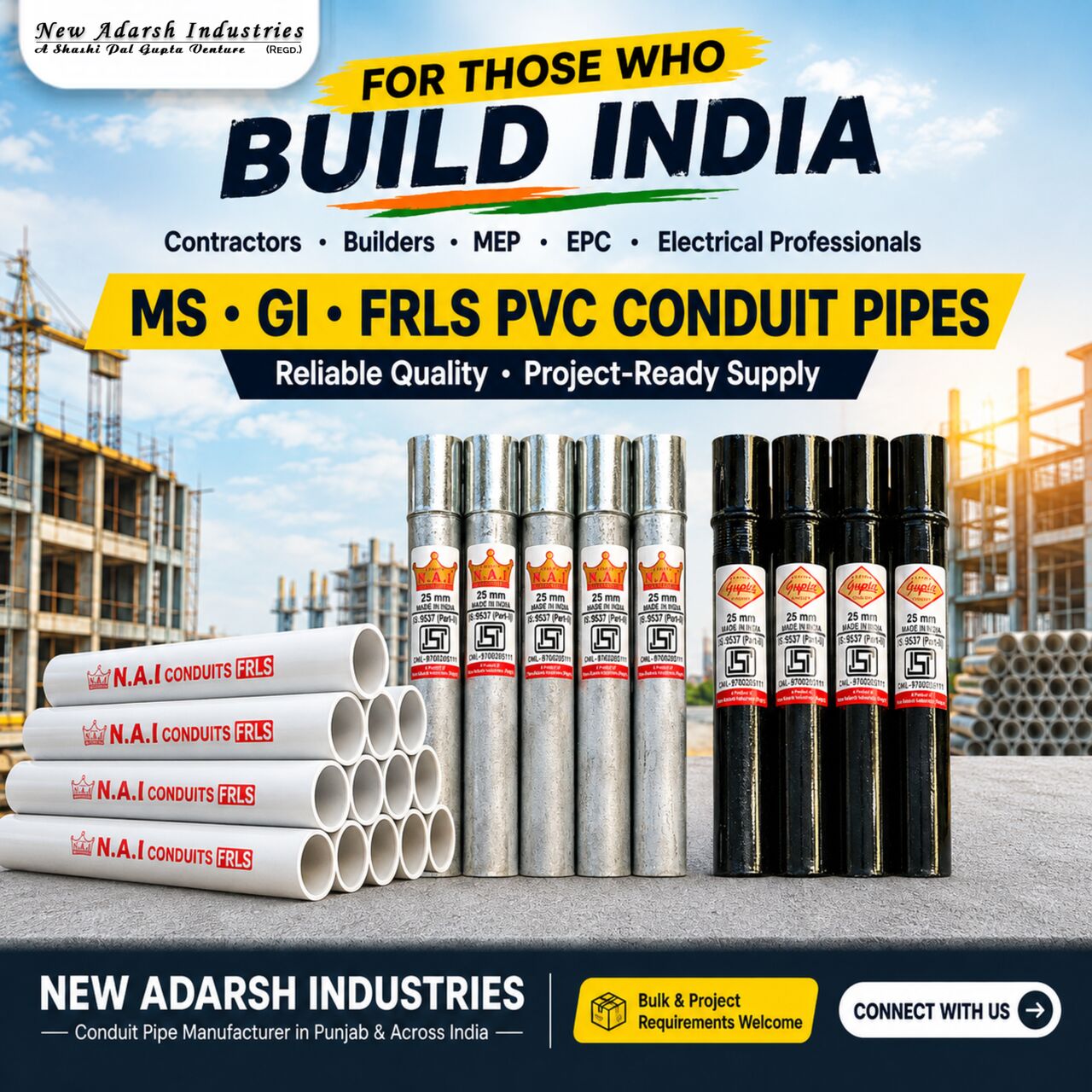 MS, GI And FRLS PVC Conduit Pipes For Bulk And Project Requirements In India