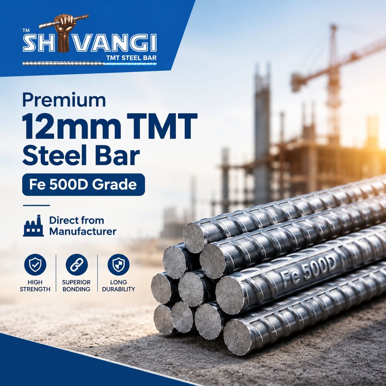 Premium 12mm TMT Steel Bar | Fe 500D Grade | Direct From Manufacturer – Shivangi Sariya photo 1