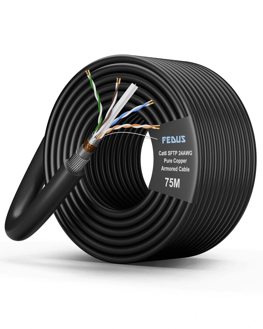FEDUS Cat6 SFTP 24AWG Pure Copper Twisted Pair Armored Cable Roll 75M photo 1